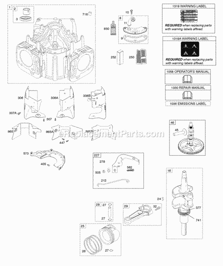 Cylinder Crankshaft Camshaft Air Guides Piston Rings Connecting Rod Diagram and Parts List for 401577-0134-B1  Briggs and Stratton Engine